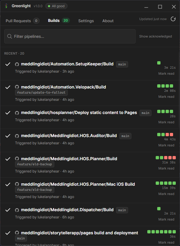 Greenlight Builds tab listing recent Azure DevOps and GitHub pipeline runs with status, branch and duration